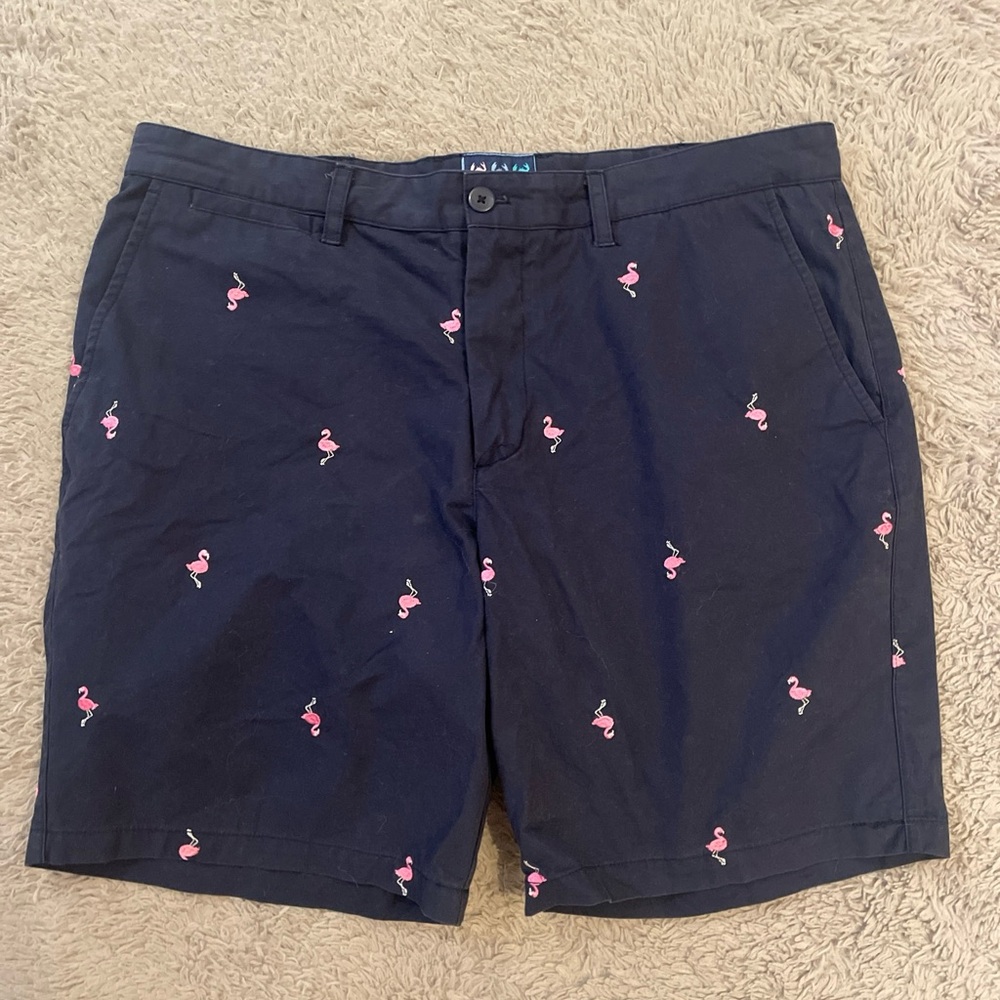 Charleston Threads Mens Chino Shorts 38 Blue With Embroidered Pink Flamingos